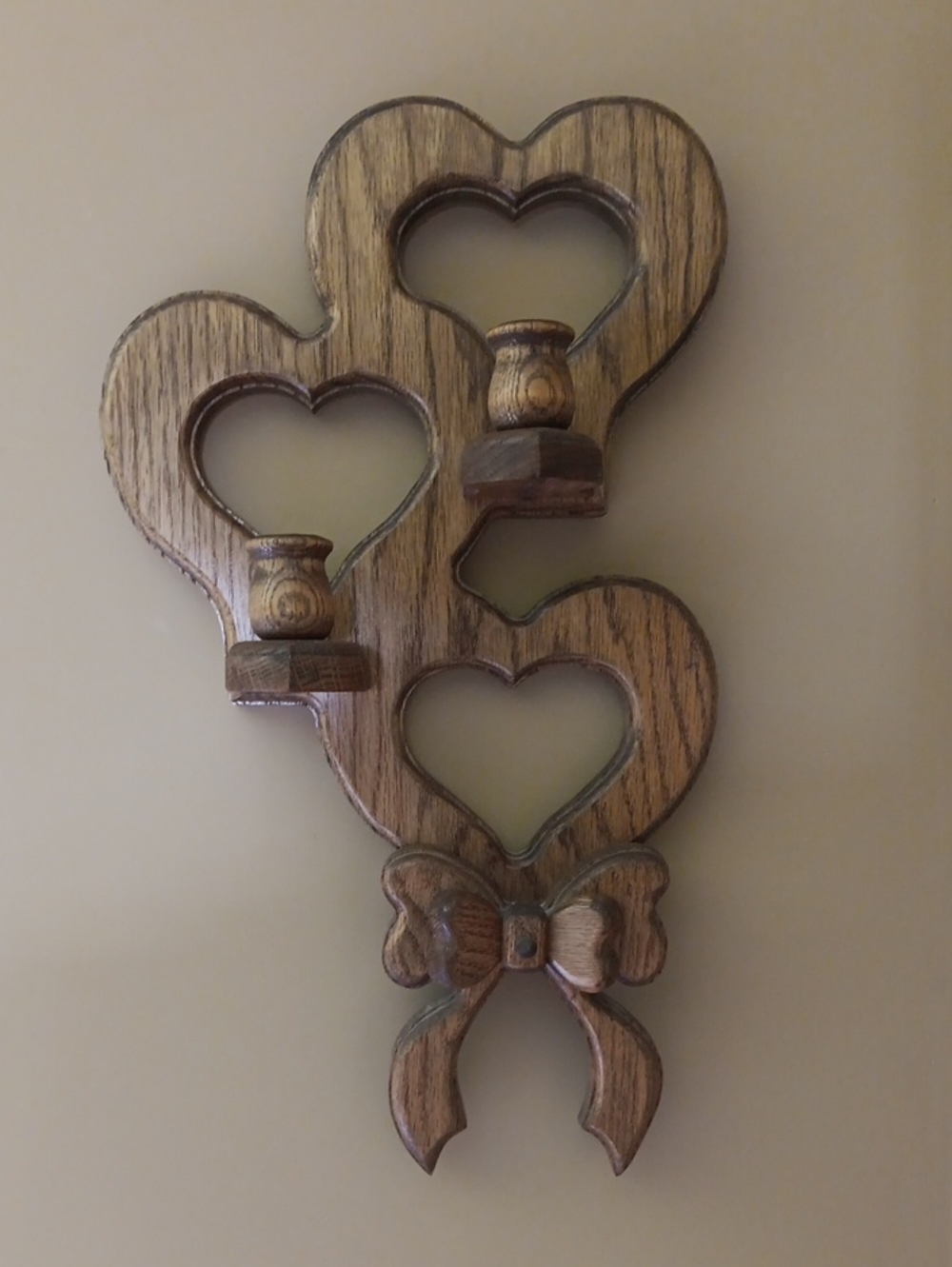 Vintage Oak Wooden Heart Wall Sconce w Three Heart Cutouts & Two Candle Holders.